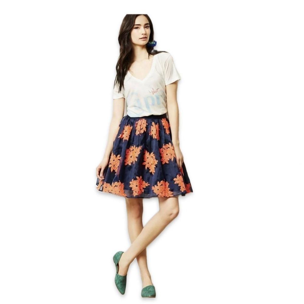 Maeve Navy Blue Tulle Mini Skirt Orange Floral Embroidery  Flared Skirt sz 4